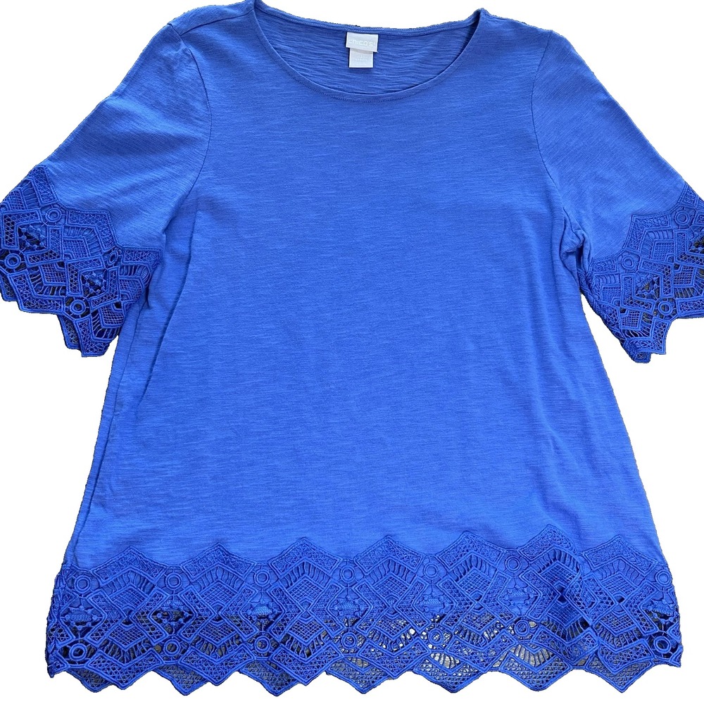 Chico's Lace Trim Short Sleeve Top Blue Cotton Blend Knit Sz 1 Medium H34
